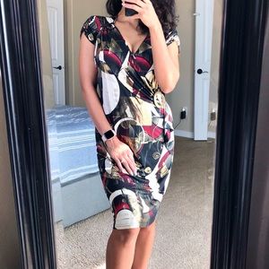 JOSEPH RIBKOFF Faux Wrap Gold Foil Geometric Dress